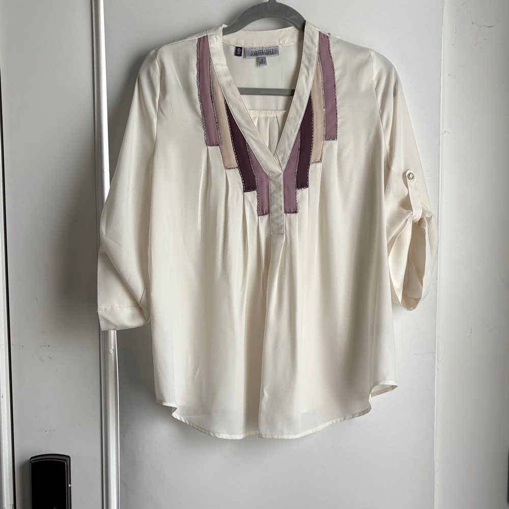 Jennifer Lopez Cream Blouse with Purple Accents